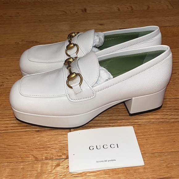 GUCCI SHOES HOUDAN PLATFORM WHITE LEATHER LOAFERS PUMPS w HORSEBIT - Picture 6 of 14